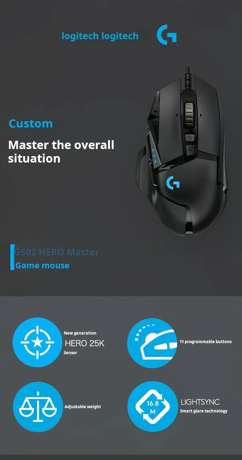 Logitech G502 HERO Gaming Mouse – Wired Gaming Mouse with HERO 25K Sensor, 25,600 DPI, 11 Programmable Buttons, RGB & Adjustable Weights