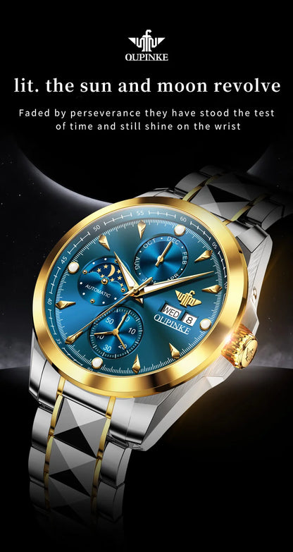 OUPINKE 3299 Automatic Man Watch Exclusive Dual Calendar Luxury Mechanical Wristwatches Moon Phase Waterproof Chronogprah Watch
