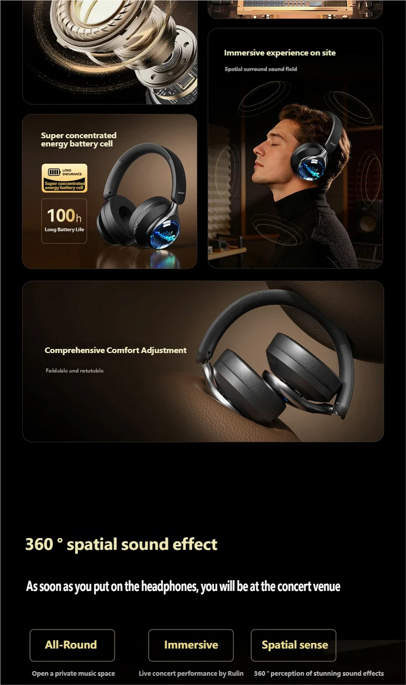 Acer OHR712 Wireless Bluetooth 6.0 Headphones, Foldable Over-Ear Bluetooth Headphones with Active Noise Cancellation, 360° Spatial Sound, HiFi Deep Bass Headset for Travel, Home & Office