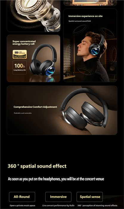 Acer OHR712 Wireless Bluetooth 6.0 Headphones, Foldable Over-Ear Bluetooth Headphones with Active Noise Cancellation, 360° Spatial Sound, HiFi Deep Bass Headset for Travel, Home & Office
