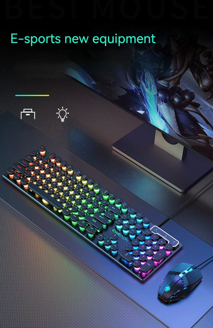 EWEADN GX330 Typewriter Gaming Keyboard 104 Keys Wired Retro Keyboard with RGB Backlit, Round Keycaps, USB Mechanical Style Keyboard for PC & Laptop