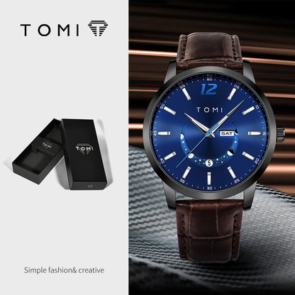 TOMI quartz watch, business-style and elegant, with a leather strap, alloy case and analogue dial – High-end design, a gift idea for men