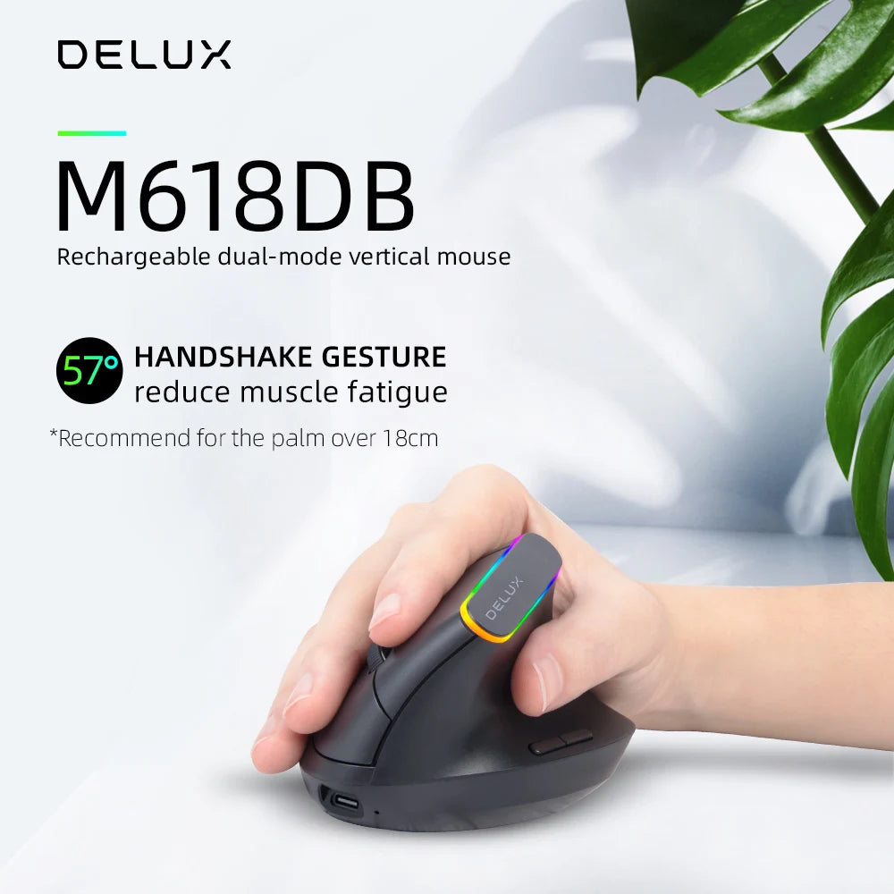 Delux Ergonomic Vertical Mouse Rechargeable Wireless Bluetooth RGB Mouse, 4000 DPI Silent Ergonomic Vertical Mouse for Laptop, PC & Gaming
