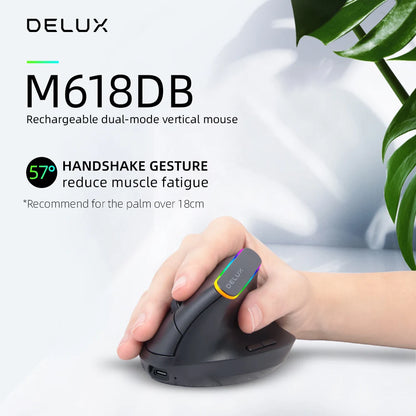 Delux Ergonomic Vertical Mouse Rechargeable Wireless Bluetooth RGB Mouse, 4000 DPI Silent Ergonomic Vertical Mouse for Laptop, PC & Gaming