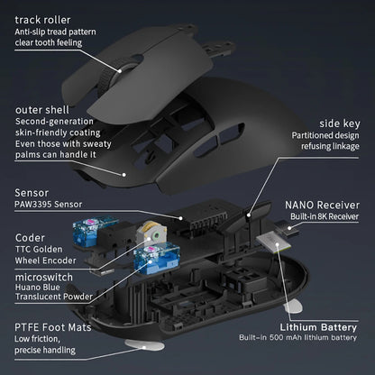 Souris gaming sans fil Darmoshark M3 V2 Tri-Mode 8K, capteur PAW3395, 26K DPI – Souris gaming ultra-légère pour PC et ordinateur portable