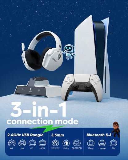 NUBWO G06 Pro Wireless Gaming Headset with Charging Station, Bluetooth 5.3 Gaming Headphones for PS5, PS4 & PC, ENC Microphone, 120-Hour Battery Life