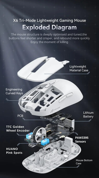 Attack Shark X6 Wireless Ergonomic Gaming Mouse, Tri-Mode Bluetooth, 2.4G & Wired Gaming Mouse, 26000 DPI Rechargeable RGB Gaming Mouse