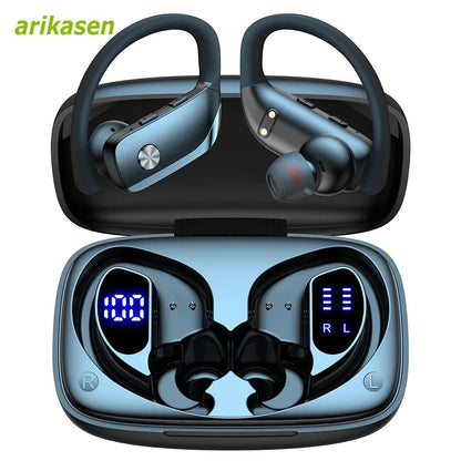 Écouteurs sans fil Bluetooth, 48 heures de lecture, écouteurs de Sport avec affichage LED, oreillettes sur l'oreille avec crochets d'oreille, micro intégré
