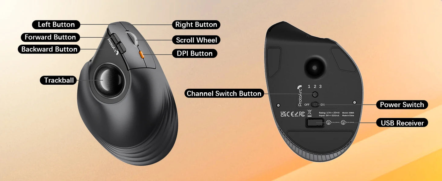 ProtoArc EM05NL Ασύρματο ποντίκι trackball επαναφορτιζόμενο Bluetooth, εργονομικό κάθετο ποντίκι rollerball για υπολογιστή, iPad, Mac, Windows