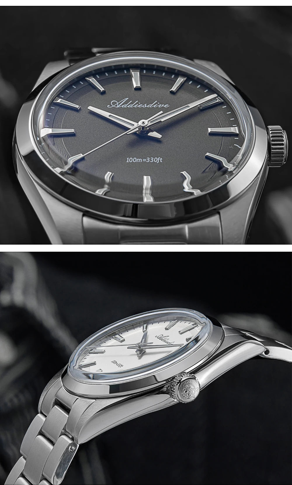 ADDIESDIVE herenhorloge van staal, luxe uitvoering, voorzien van een gewelfd glas, een quartz uurwerk en een blauwe lichtgevende coating BGW9; waterdicht tot 100 ATM, analoge weergave – Model AD2066