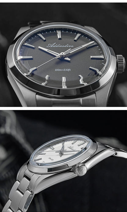 ADDIESDIVE herenhorloge van staal, luxe uitvoering, voorzien van een gewelfd glas, een quartz uurwerk en een blauwe lichtgevende coating BGW9; waterdicht tot 100 ATM, analoge weergave – Model AD2066