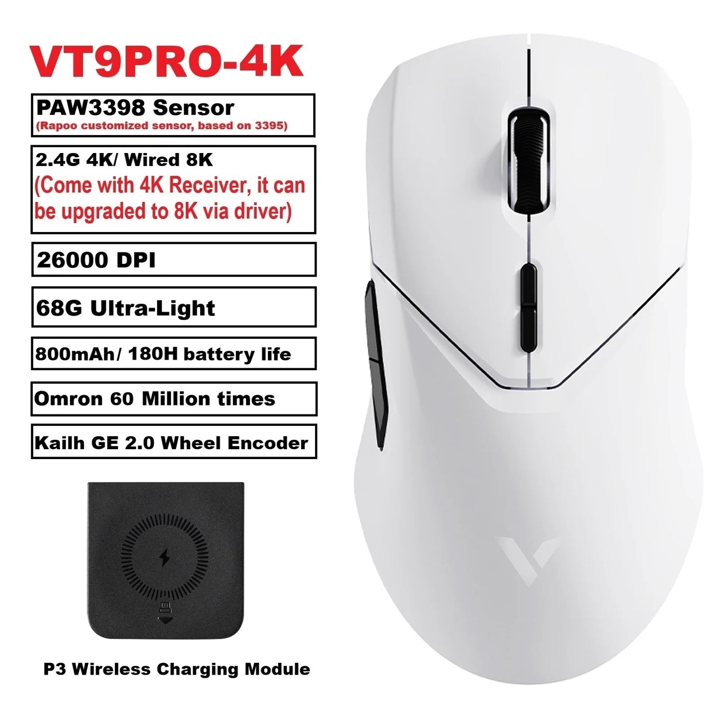 Rapoo VT9PRO Wireless Gaming Mouse PAW3398 26000 DPI Lightweight Programmable Ergonomic Gaming Mouse with Type-C Rechargeable Dual Mode