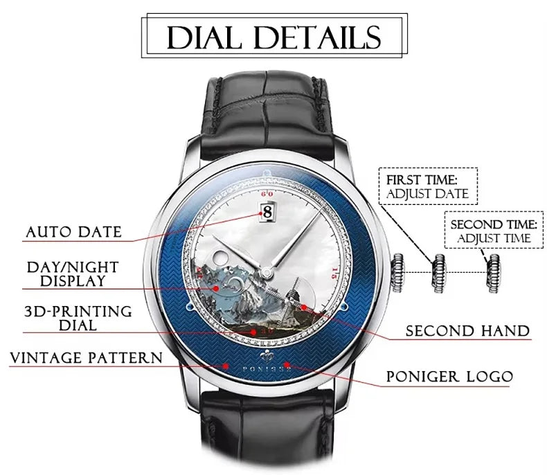 PONIGER Sapphire Crystal Glass Wrist Watch Painting Dial Man Leather Automatic Wristwatch MIYOTA 8219