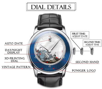 PONIGER Sapphire Crystal Glass Wrist Watch Painting Dial Man Leather Automatic Wristwatch MIYOTA 8219