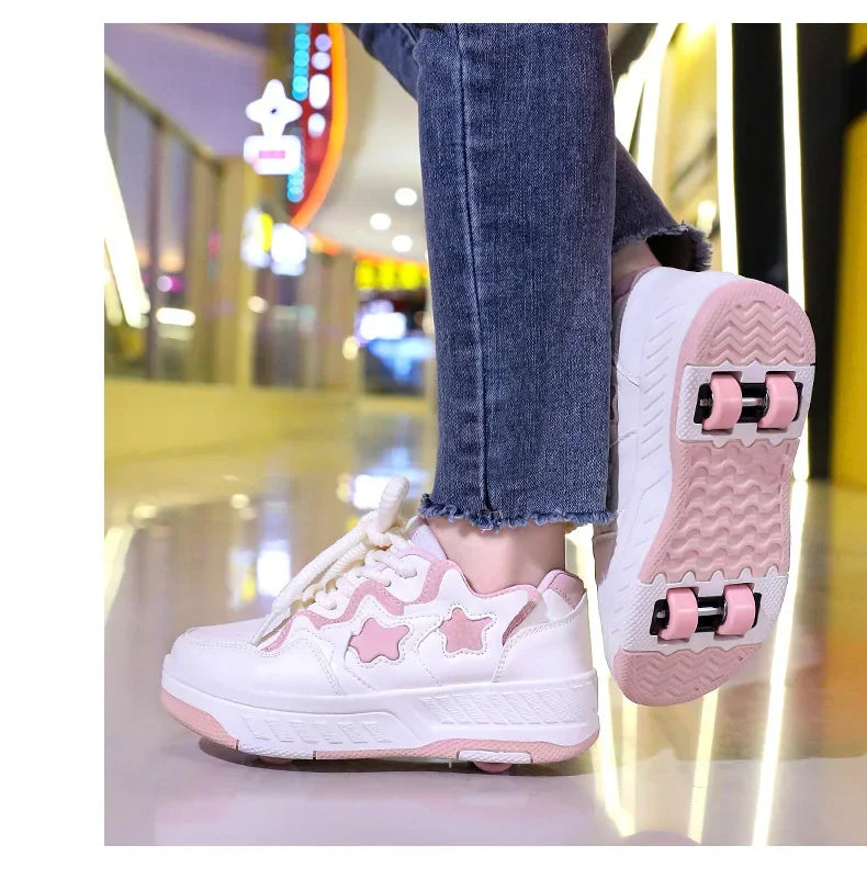 Chaussures de roller pour enfants - Roues rechargeables, couleurs tendance, finition brillante, pour les anniversaires, pour garçons et filles, chaussures décontractées deux-en-un