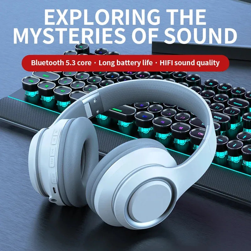 Shoumi Wireless Bluetooth 5.0 Headphones with Mic, TF Card MP3 Player, Deep Bass Over-Ear Gaming Headset with Display Screen