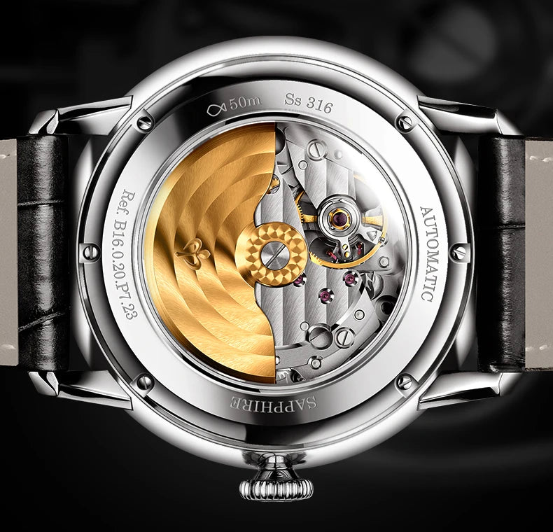 PONIGER Sapphire Crystal Glass Wrist Watch Painting Dial Man Leather Automatic Wristwatch MIYOTA 8219