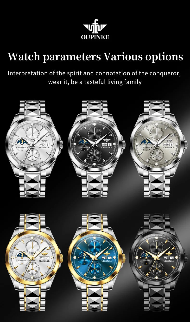 OUPINKE 3299 Automatic Man Watch Exclusive Dual Calendar Luxury Mechanical Wristwatches Moon Phase Waterproof Chronogprah Watch