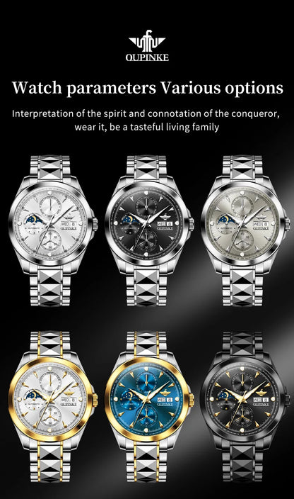 OUPINKE 3299 Automatic Man Watch Exclusive Dual Calendar Luxury Mechanical Wristwatches Moon Phase Waterproof Chronogprah Watch