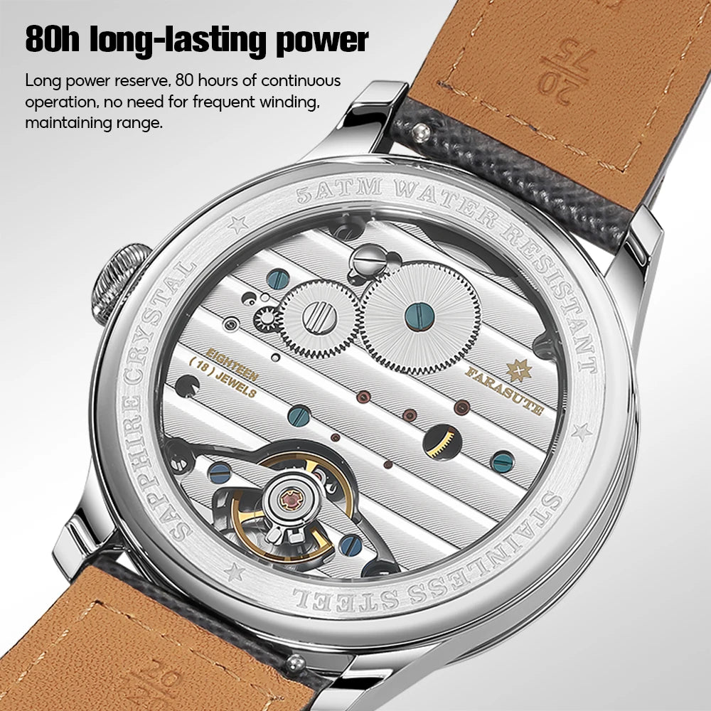 FARASUTE NEW Machinery Herrenuhr mit lachsfarbenem Zifferblatt, ST17 Handaufzug-Mechanikuhr, Kleine Sekunde, Vintage-Bonklip-Armband