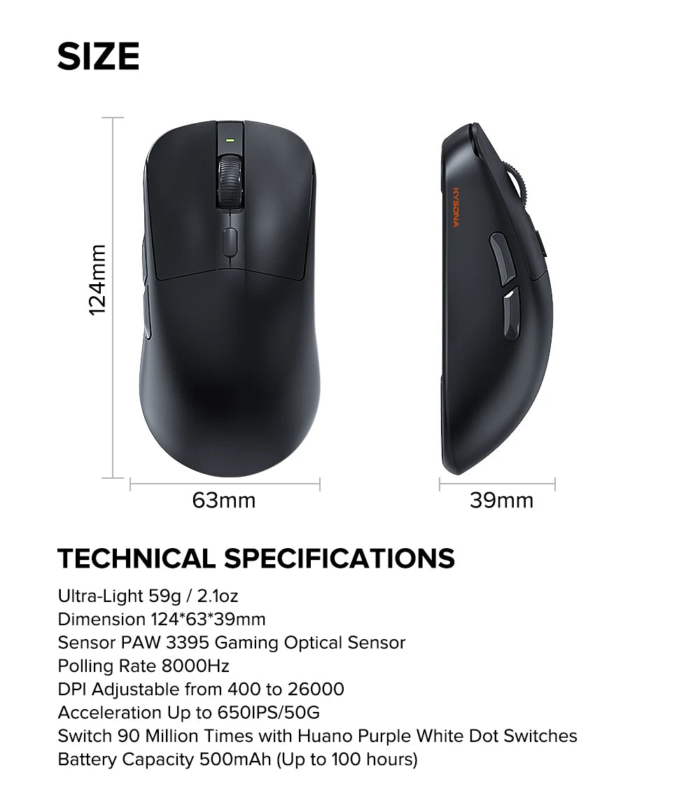 KYSONA M617 Wireless Gaming Mouse Tri-Mode Bluetooth 2.4G & Wired, PAW3395 Sensor, 26K DPI, 8000Hz Polling Rate, 59g Lightweight Rechargeable Gaming Mouse