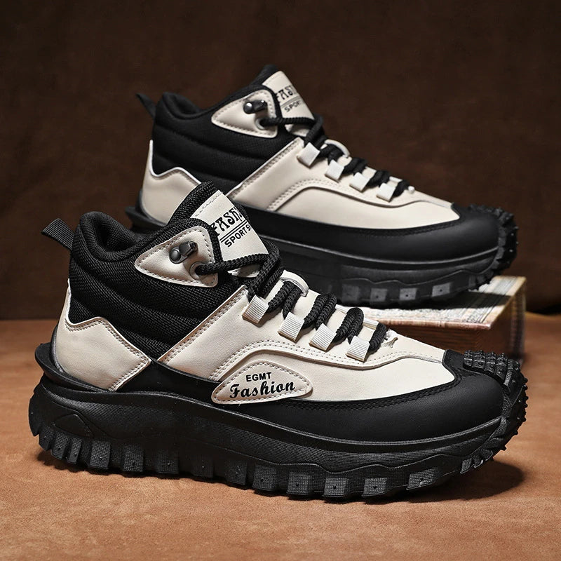 Botas de senderismo de caña media para hombre, en blanco y negro, de cuero impermeable, con plataforma, zapatillas antideslizantes para exterior, calzado informal con suela resistente
