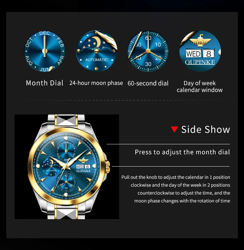 OUPINKE 3299 Automatic Man Watch Exclusive Dual Calendar Luxury Mechanical Wristwatches Moon Phase Waterproof Chronogprah Watch