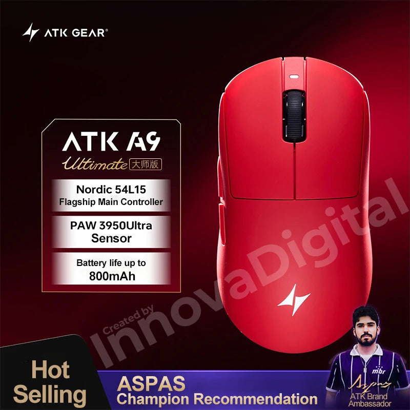 ATK Dragonfly A9 Ultimate vezeték nélküli gaming egér A9 Air PAW3950, ultrakönnyű ergonomikus e-sport gamer FPS egér CSGO-hoz A9 Ultra