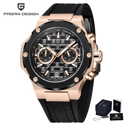 PAGANI DESIGN PD-YS032 Men's Quartz Watch 44mm Japan VK64 Movt Stainless Steel Case Rubber Strap Sapphire Glass 100M Waterproof