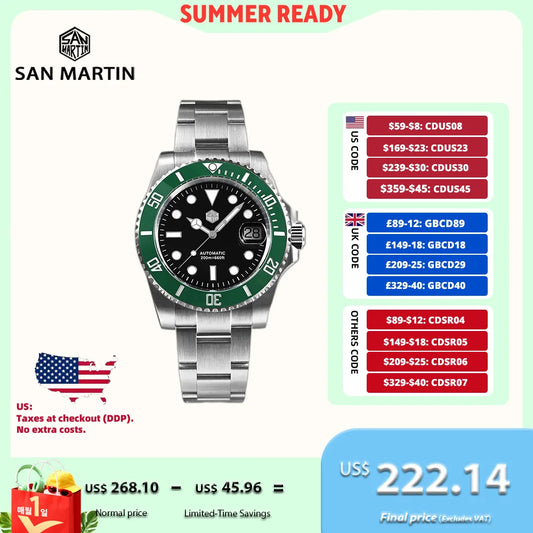 San Martin 40mm Water Ghost PT5000 Automatic Men Diving Watch Business Mechanical Sapphire Waterproof 20Bar Luxury BGW-9 SN0017D