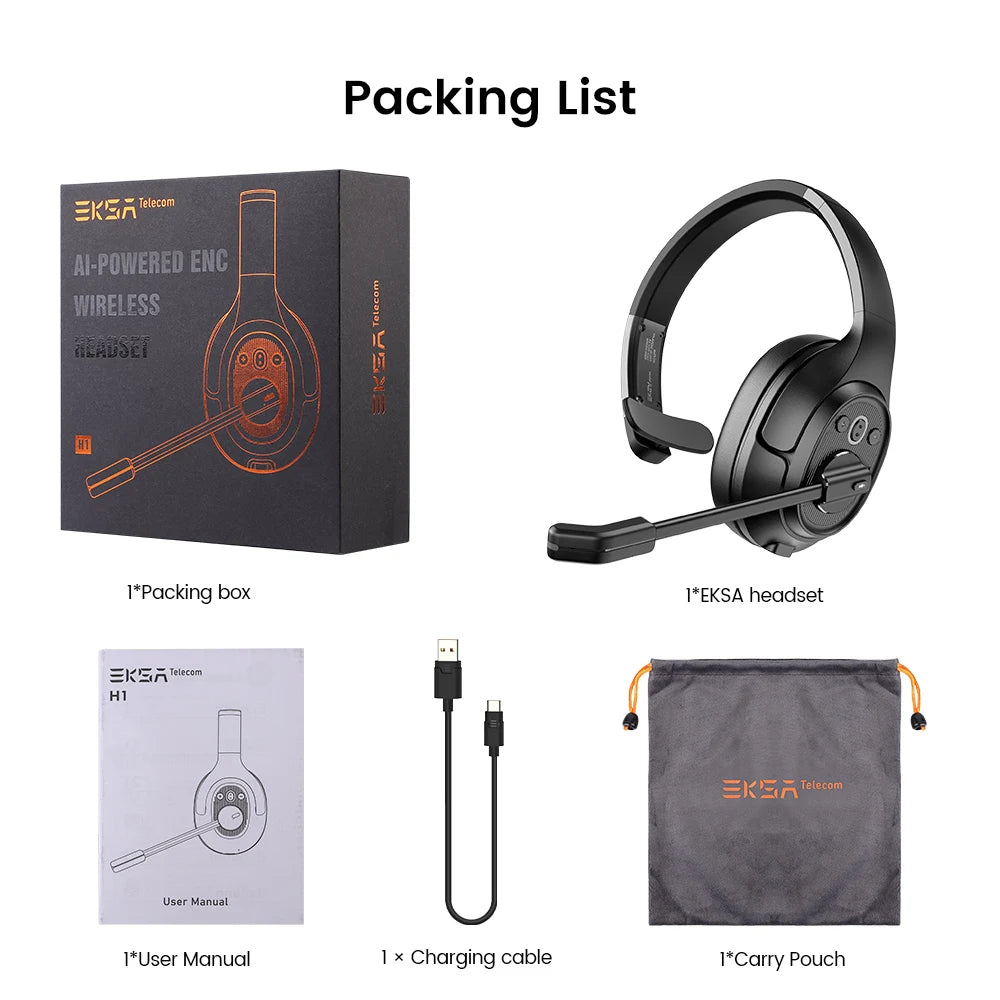 EKSA H1 Bluetooth 5.0 Headset Wireless Headphones With Mic Ai ENC Noise Cancelling Office Earphones For Driver Call Center Skype