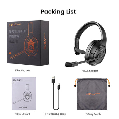 EKSA H1 Bluetooth 5.0 Headset Wireless Headphones With Mic Ai ENC Noise Cancelling Office Earphones For Driver Call Center Skype