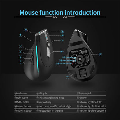 ZELOTES F36 Vertical Wireless Mouse Bluetooth Ergonomic Mouse, Rechargeable 2.4G Wireless Gaming Mouse, 2400 DPI Programmable Mouse for Laptop & PC