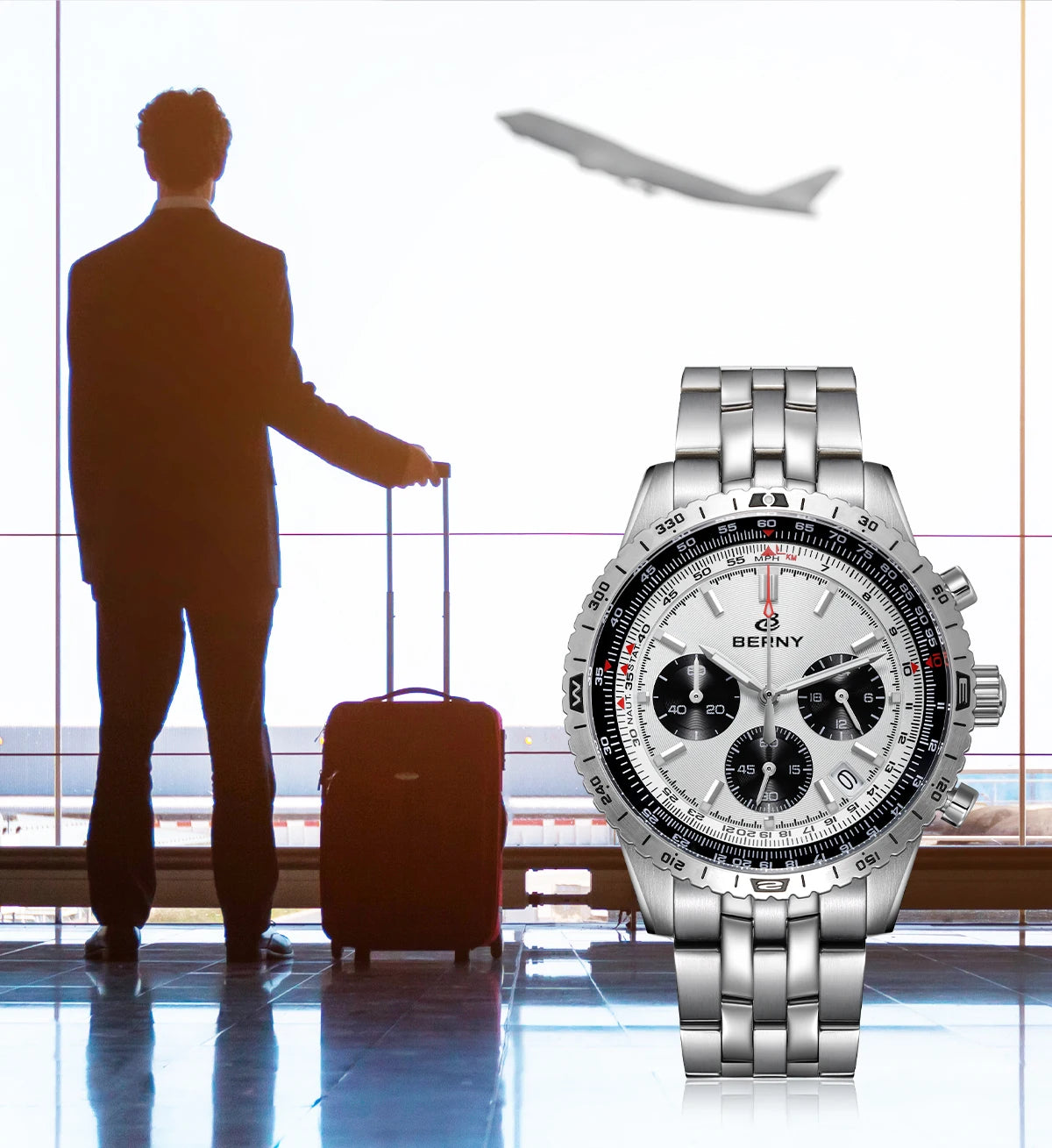 Męski zegarek chronograf BERNY – wielofunkcyjny zegarek kwarcowy w stylu lotniczym, wyposażony w datownik, szafirowe szkło i doskonałą luminescencję – luksusowy męski zegarek na rękę