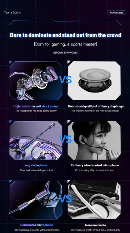Gaming Earbuds with Dual Microphones, HiFi Stereo Gaming Headset Type-C & 3.5mm Wired In-Ear Earphones, Noise Reduction Gamer Headphones with Mic for Samsung