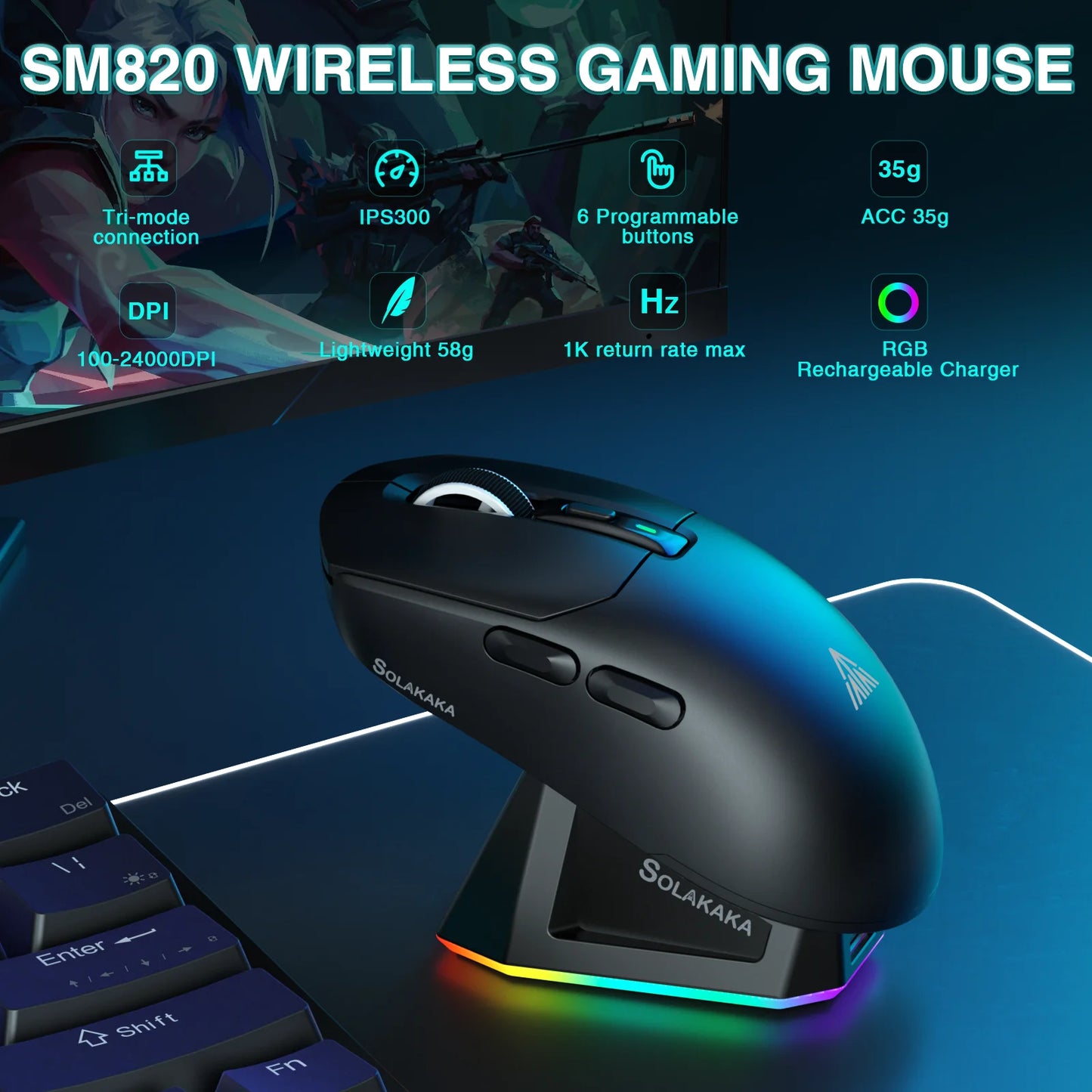 Rato Gaming Sem Fios SOLAKAKA SM820 Tri-mode Ultra-Leve, Dock Magnético Recarregável, RGB, PAW3311, 24000DPI, Macro Sem Fios