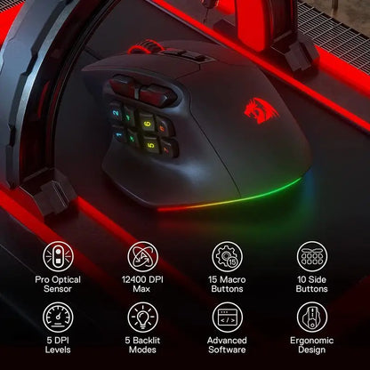 Redragon M811 Aatrox MMO Gaming Mouse, Wired RGB Gaming Mouse with 15 Programmable Buttons, 12400 DPI Ergonomic Optical Gamer Mouse