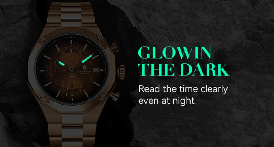 SAPPHERO Rose Gold Men Watch Fashion Luxury Clock Stainless Steel Watch 50m Water Resistance Watch For Men New Year Gifts
