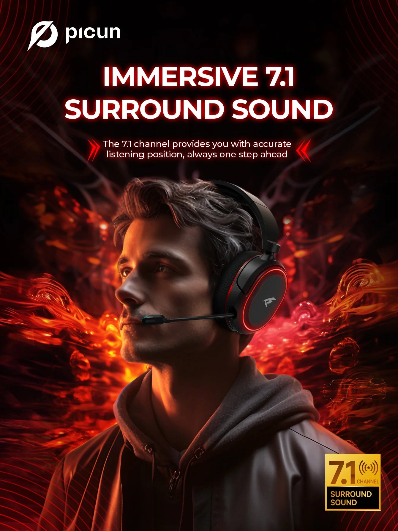 Picun G2 Wireless Gaming Headset Bluetooth 5.3 – 7.1 Surround Sound, ENC Microphone, 100H Battery, Low Latency Headphones for PC, PS5, PS4, Switch & Mobile