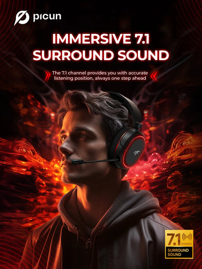 Picun G2 Wireless Gaming Headset Bluetooth 5.3 – 7.1 Surround Sound, ENC Microphone, 100H Battery, Low Latency Headphones for PC, PS5, PS4, Switch & Mobile