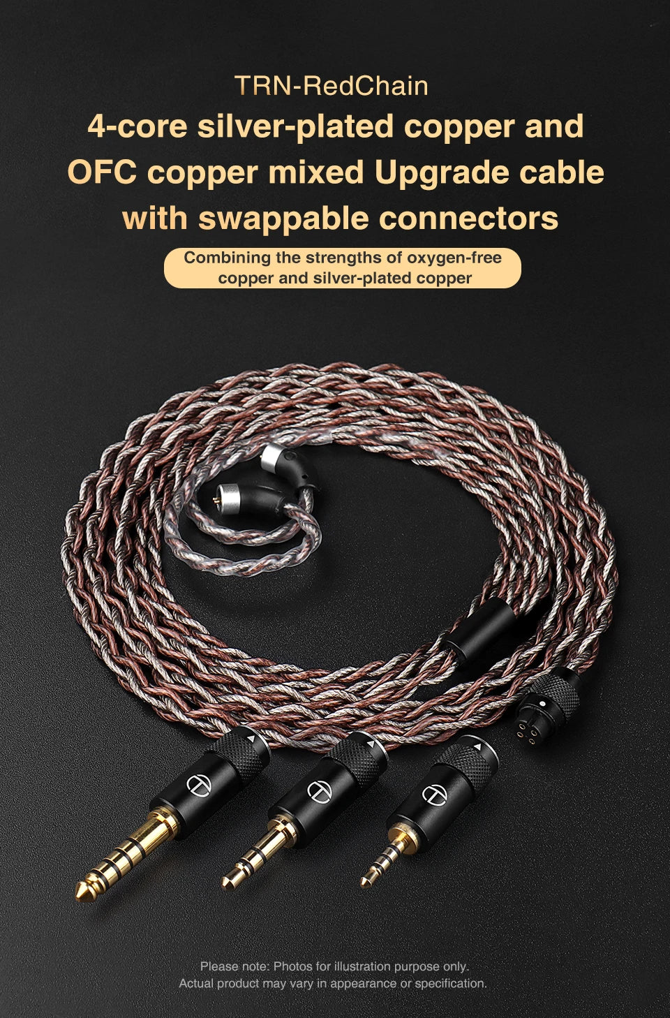 TRN RedChain Upgrade Cable Silver-Plated Copper OFC Copper Earphone Cable with Swappable 2.5mm 3.5mm 4.4mm Connectors for TRN IEM Headphones