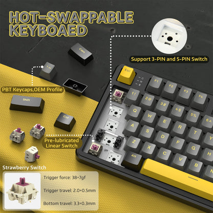 ATTACK SHARK X87 kabellose mechanische Gaming-Tastatur, Tri-Mode BT5.0/2.4GHz/USB-C, Gasket, Hot-Swappable Custom Keyboard, vorglubriziert