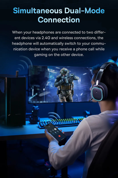 Baseus GH02 Gaming Wireless Headphones Bluetooth 5.3 Over-Ear Headset with Mic, 40mm Driver RGB Gaming Headphones, 2.4G Wireless Low Latency Headset
