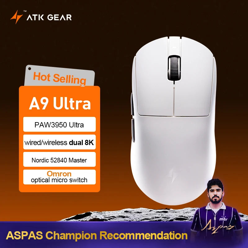 ATK Dragonfly A9 Ultra Wireless Gaming Mouse, Ultra-Lightweight Tri-Mode Ergonomic Gaming Mouse with Dual 8K Polling Rate, PAW3395/3950 Sensor