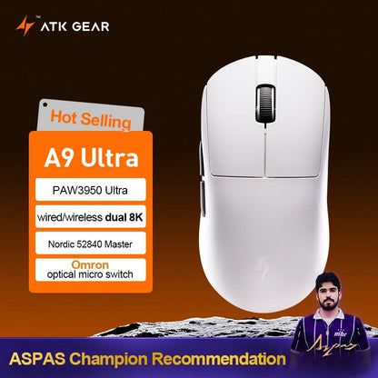 ATK Dragonfly A9 Ultra Wireless Gaming Mouse, Ultra-Lightweight Tri-Mode Ergonomic Gaming Mouse with Dual 8K Polling Rate, PAW3395/3950 Sensor