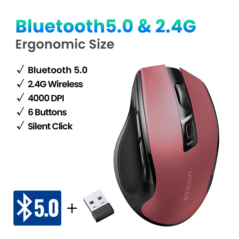UGREEN Wireless Mouse Bluetooth 5.0 Ergonomic Mouse, 4000 DPI Silent Wireless Mouse with 2.4G USB Receiver, 6 Buttons for MacBook, Laptop, PC & Tablet