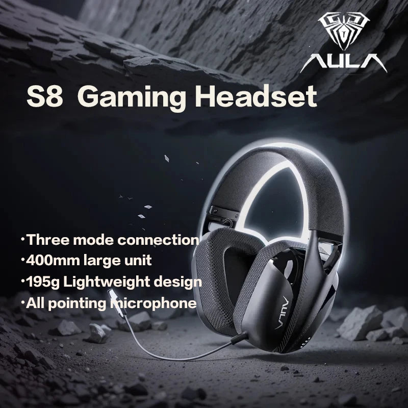 AULA S8 Gaming Headset with Three Mode Connection Lightweight Design Detachable Microphone Esports Headset