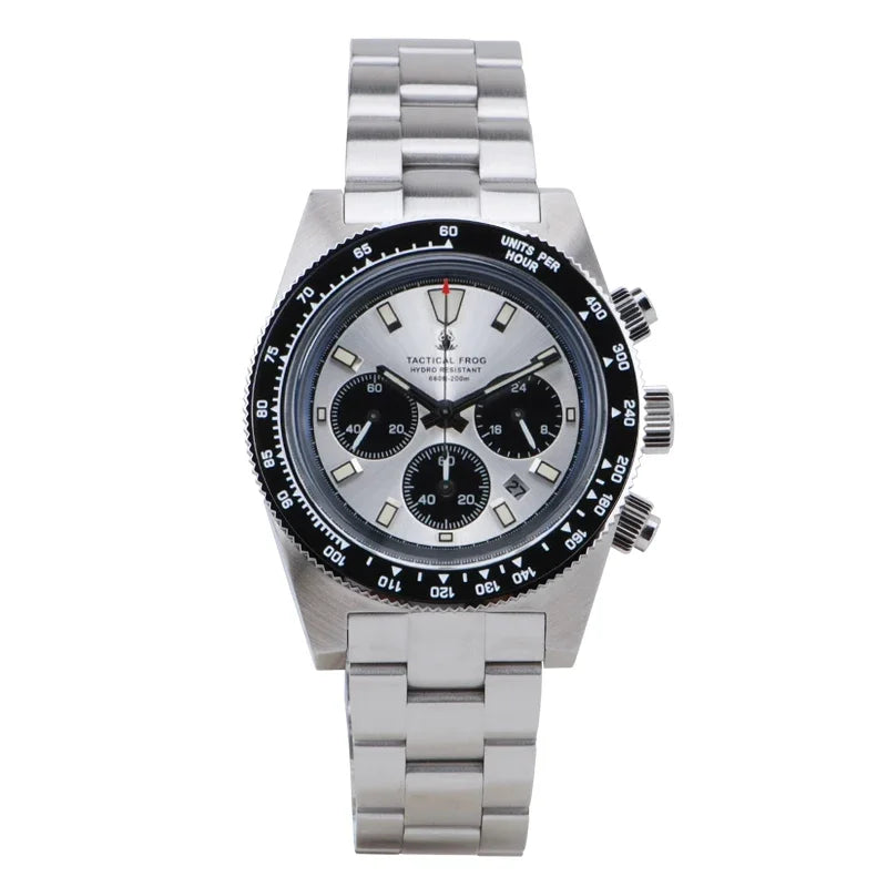 Tactical Frog Men's Business Diving Watch VS75B Quartz Chronograph 316L Steel Sapphire 200M Waterproof C3 Luminous Mens Watch