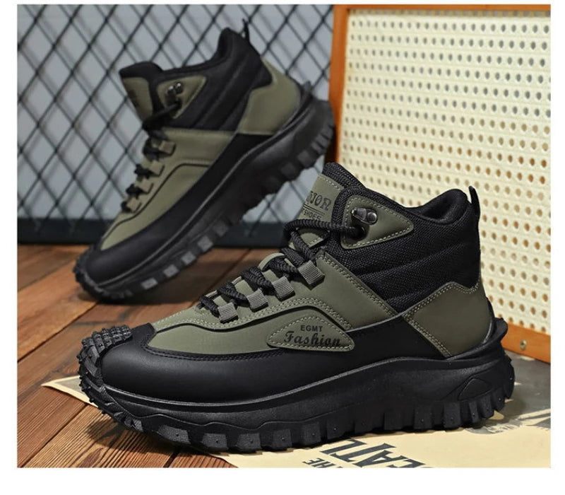 Botas de senderismo de caña media para hombre, en blanco y negro, de cuero impermeable, con plataforma, zapatillas antideslizantes para exterior, calzado informal con suela resistente
