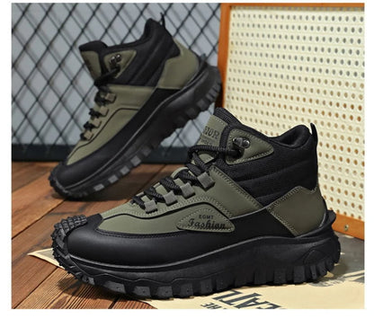 Botas de senderismo de caña media para hombre, en blanco y negro, de cuero impermeable, con plataforma, zapatillas antideslizantes para exterior, calzado informal con suela resistente